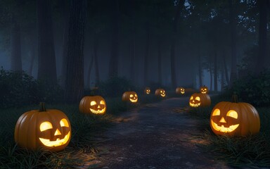 Illuminated jack o lanterns on a forest path halloween atmosphere