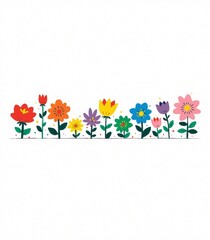 Rainbow Hand-Drawn Flower Stickers Set, Colorful Cartoon Blooms with Green Leaves on White Background for Stationery Design, Botany Charts and Kids Education