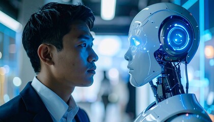 A human interacting with a robot, highlighting the intersection of technology and humanity