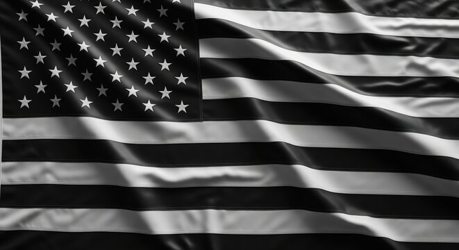 Black and white depiction of an american flag with waving fabric texture.