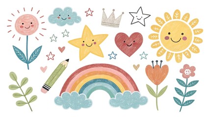Naklejka premium Hand drawn crayon child pencil style icon set. Cute rainbow, heart, crown, flower and sun in colorful kid doodle style. Chalk texture, cloud, smile, star and sketch figure for play or school design
