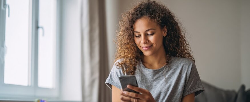 The woman enjoying a casual moment while using her smartphone at home.