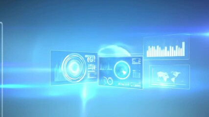 Futuristic digital interface with multiple overlaid screens displaying data visualizations, graphs, and code - Powered by Adobe