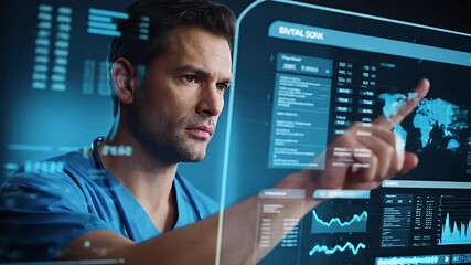Doctor focuses on futuristic medical data display for global health analytics - Powered by Adobe