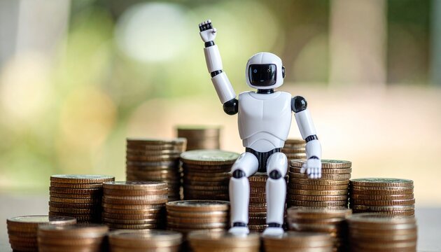 A small robot sits proudly atop a pile of coins, one arm raised in triumph.