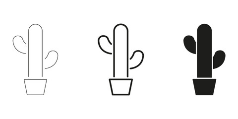 Cactus In Pot In Line, Outline, And Glyph Icon Set. Desert Plant, Succulent, And Indoor Gardening Symbol Collection. Nature And Home Decor. Isolated Vector Illustration