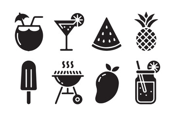Summer themed food and drink icons isolated on white background