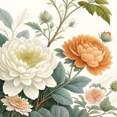 Soft pastel flowers with lush green leaves in a vintage botanical style.