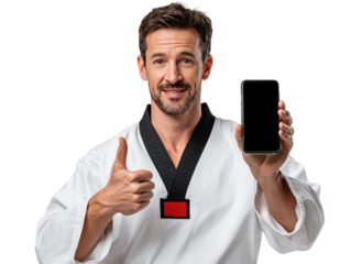 Martial Arts Instructor with Phone: Confident martial arts instructor in a traditional uniform presents a blank smartphone screen with a thumbs-up gesture, perfect for tech, fitness.