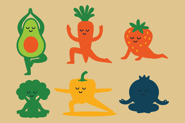 Cute fruit and vegetable yoga poses illustration