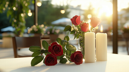 Obraz premium Romantic setting featuring red roses, candles, and soft lighting creates warm atmosphere perfect for special occasion