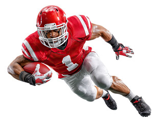 Action Shot: A determined athlete, fully equipped and in motion, embodies the intense power and strategic finesse of football. Emphasizing a sense of motion, focus, and drive.