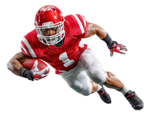 Action Shot: A determined athlete, fully equipped and in motion, embodies the intense power and strategic finesse of football. Emphasizing a sense of motion, focus, and drive.