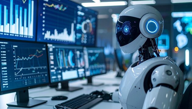 A futuristic robot analyzing data on multiple computer screens
