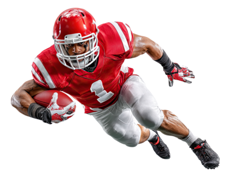 Action Shot: A determined athlete, fully equipped and in motion, embodies the intense power and strategic finesse of football. Emphasizing a sense of motion, focus, and drive.