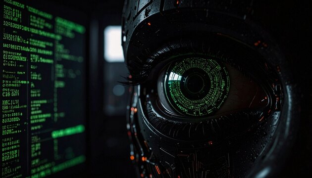 Cybernetic eye of the future with digital code on the monitor