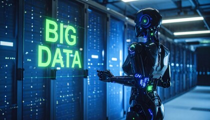 A futuristic robot interacting with digital data in a high-tech server room. The robot appears to be analyzing and processing the information