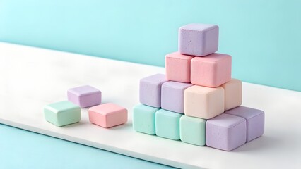 Obraz premium Pastel Cubes Stacked on White Surface Against Blue Background.