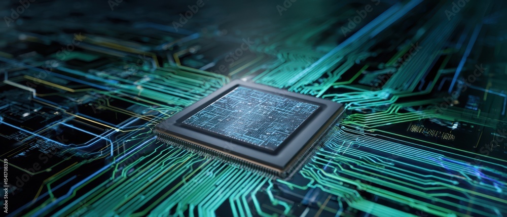 Poster the microchip on a circuit board with glowing connections and patterns