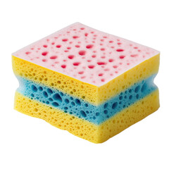 Colorful sponge with dual layer design featuring pink, blue, and yellow sections, ideal