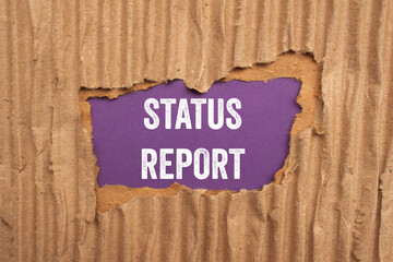 Status report message written on ripped torn cardboard paper on purple background. Conceptual...