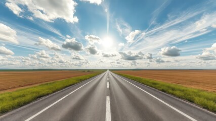 Naklejka premium Endless Asphalt Road Stretching to the Horizon Under a Bright, Sunny Sky with Wispy Clouds Above Vast Fields