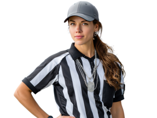 Referees in Sport: A focused and determined female referee in a classic black and white striped uniform and cap, with an air of authority. She exudes confidence and embodies fairness and dedication.