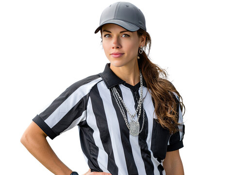 Referees in Sport: A focused and determined female referee in a classic black and white striped uniform and cap, with an air of authority. She exudes confidence and embodies fairness and dedication.