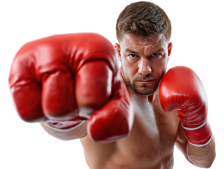 Boxer's Punch: A close-up shot of a determined boxer throwing a powerful punch, his red boxing gloves and intense gaze focused on the target.