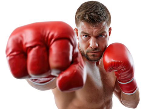 Boxer's Punch: A close-up shot of a determined boxer throwing a powerful punch, his red boxing gloves and intense gaze focused on the target.