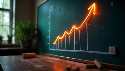 high resolution, 8k, detailed, intricate, digital illustration, red chart on blackboard, orange arrow, wooden desk, office, business, analytics, data visualization, photorealistic
