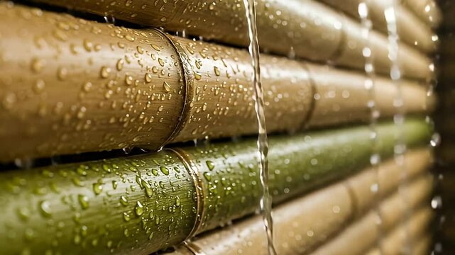 Close Up Of Water Flowing Over Green And Brown Bamboo Stalks With Water Droplets