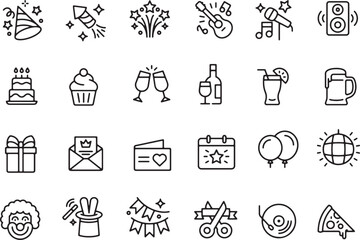 Thin line icon set of party celebration entertainment event festive celebratory greeting birthday. Pixel perfect icons, editable stroke.