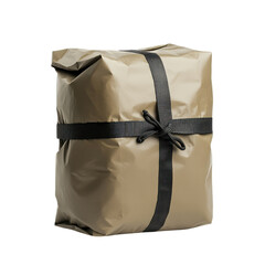 Wrapped package, brown color, tied with black ribbon, isolated transparency background