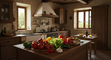 kitchen with vegetables and fruits