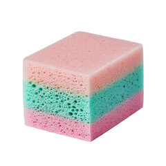 Colorful sponge with dual layer design featuring pink, green, and blue sections, ideal