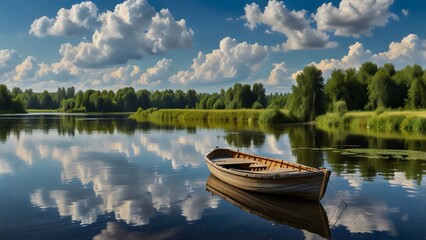 Obraz premium A tranquil wooden canoe glides on the calm lake water, reflecting the summer sky and the surrounding green nature