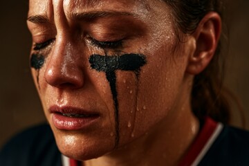 Close-up of exhausted female athlete with smeared eye black and sweat after intense game, eyes closed in emotional moment
