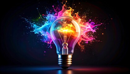 An artistic light bulb bursts with vibrant, swirling neon smoke against a dark, evocative backdrop.