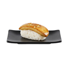 Exquisite foie gras nigiri sushi on a sleek black plate, culinary art