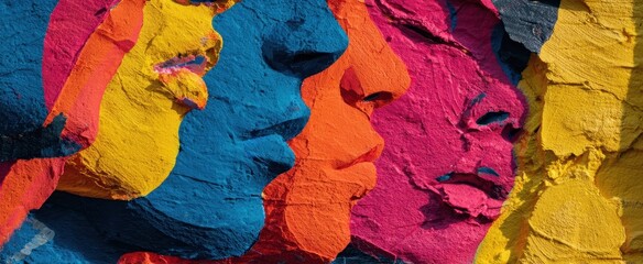 The vibrant mural depicting colorful faces showcasing diverse expressions and artistic creativity.