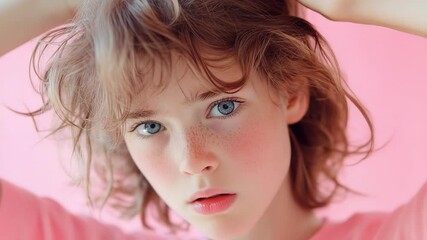 Curious young girl with freckles and blue eyes against pink background - Powered by Adobe