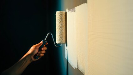 Professional decorator painting grey wall with white dye, space for text.