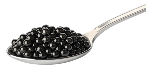 Shiny black tapioca pearls filling a silver spoon isolated on white background