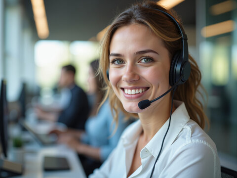 smiling woman in headset provides customer support in modern office environment technology improves communication for aging population emphasizing assistance