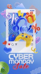Cyber monday promotion sale social media template 3d render illustration. 