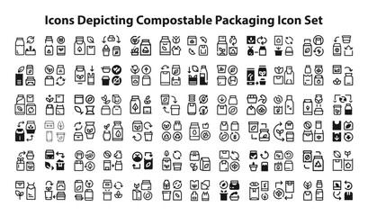 Icons depicting compo stable packaging Icon Set. editable stroke vector graphic elements, Essential brand presence toolkit stock illustration