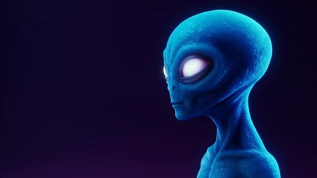 Close up portrait of a blue alien with glowing eyes. Sci-fi character animation with copy space for text.