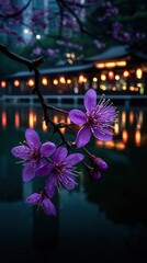 Purple blossoms by a pond at night