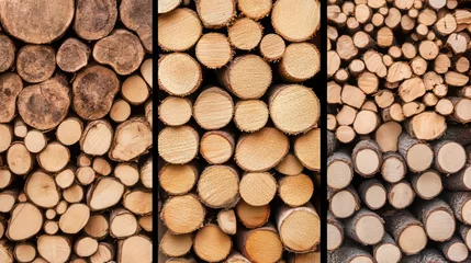 Fototapete Rund Three vertical sections display distinct patterns of neatly stacked cut logs. Woodgrain textures and varying shades create an interesting natural background. © Faziljan